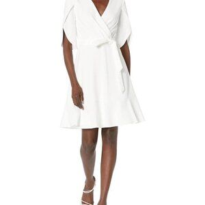 DKNY Women's Size 16 White Ivory Tulip-Sleeve V-Neck Dress Work Career Office